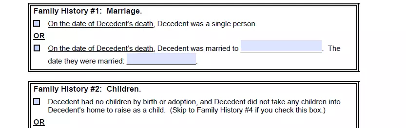 Deceased family history description of a sea form for Texas