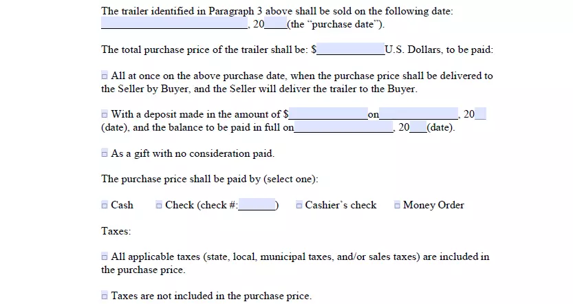 Section for information about way of receiving money of trailer bill of sale for Texas