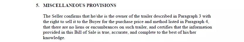 Miscellaneous provisions part of trailer bill of sale document for Texas