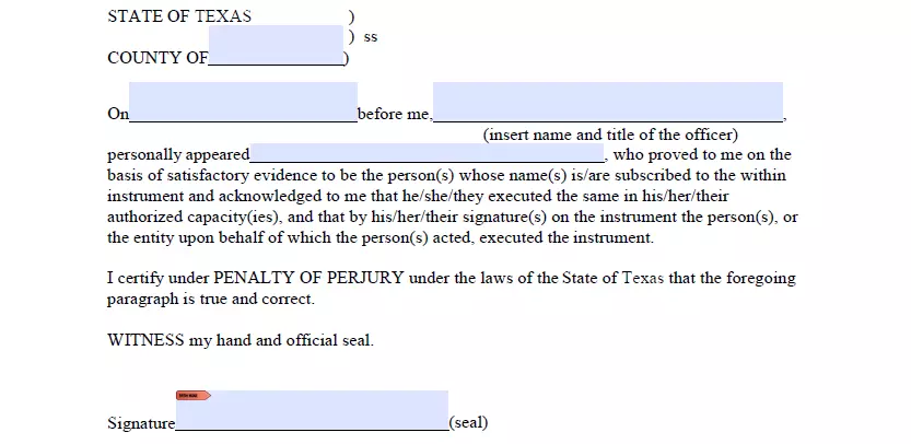 Notarization section of bill of sale form for trailer for Texas