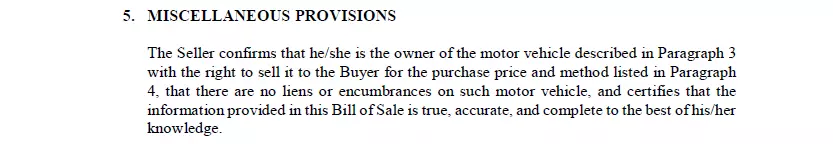 Section of miscellaneous provisions of a document of vehicle bill of sale for Virginia
