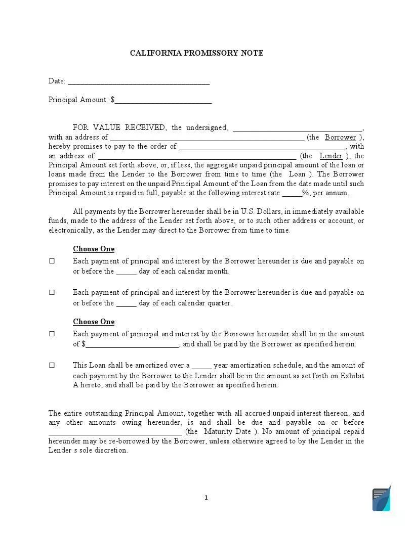 California Promissory Note Form