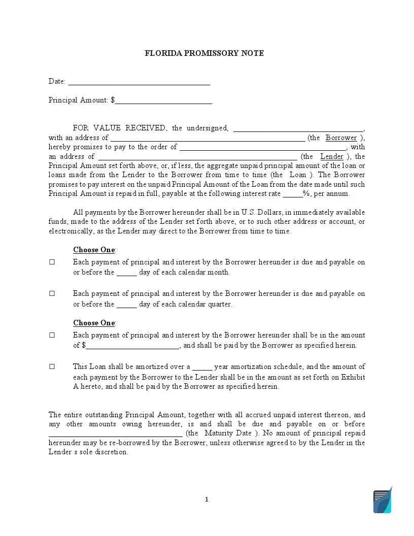 Florida Promissory Note Form