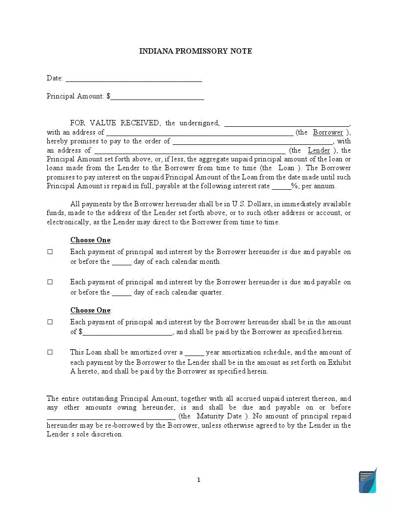 Indiana Promissory Note Form