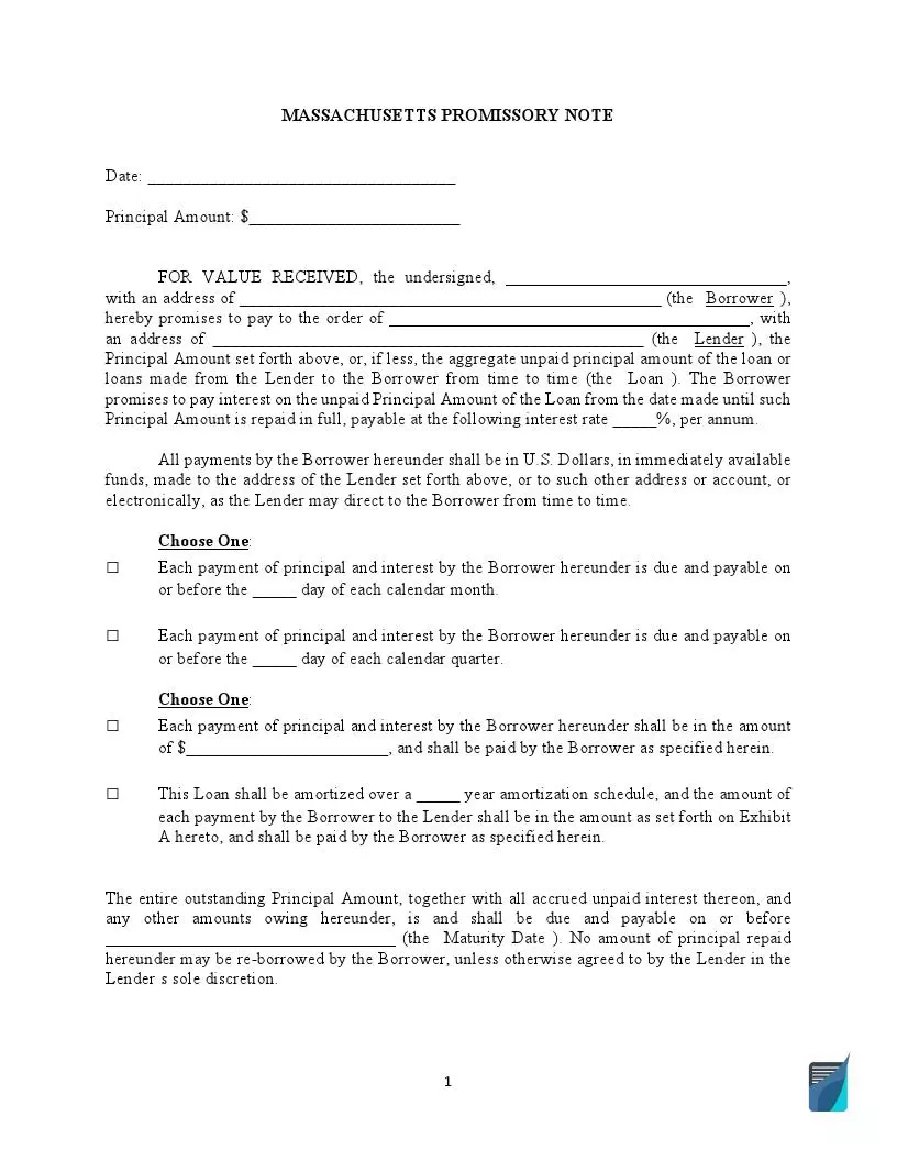 Massachusetts Promissory Note Form