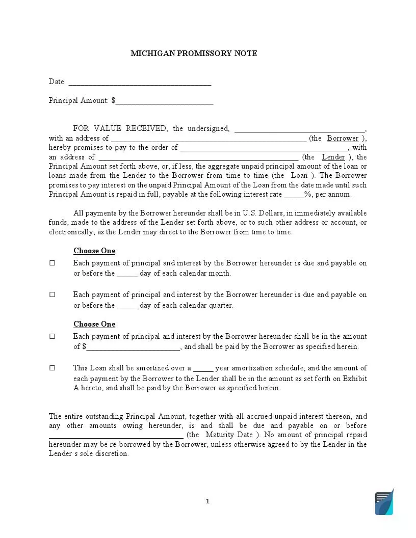 Michigan Promissory Note Form