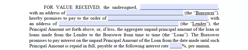 Lender's and borrower's data indication section of promissory note for Alabama