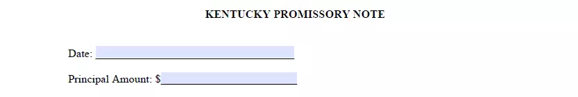 Date and loan amount specification part of Kentucky promissory note form