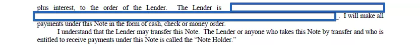Lender's name indication section of Virginia promissory note
