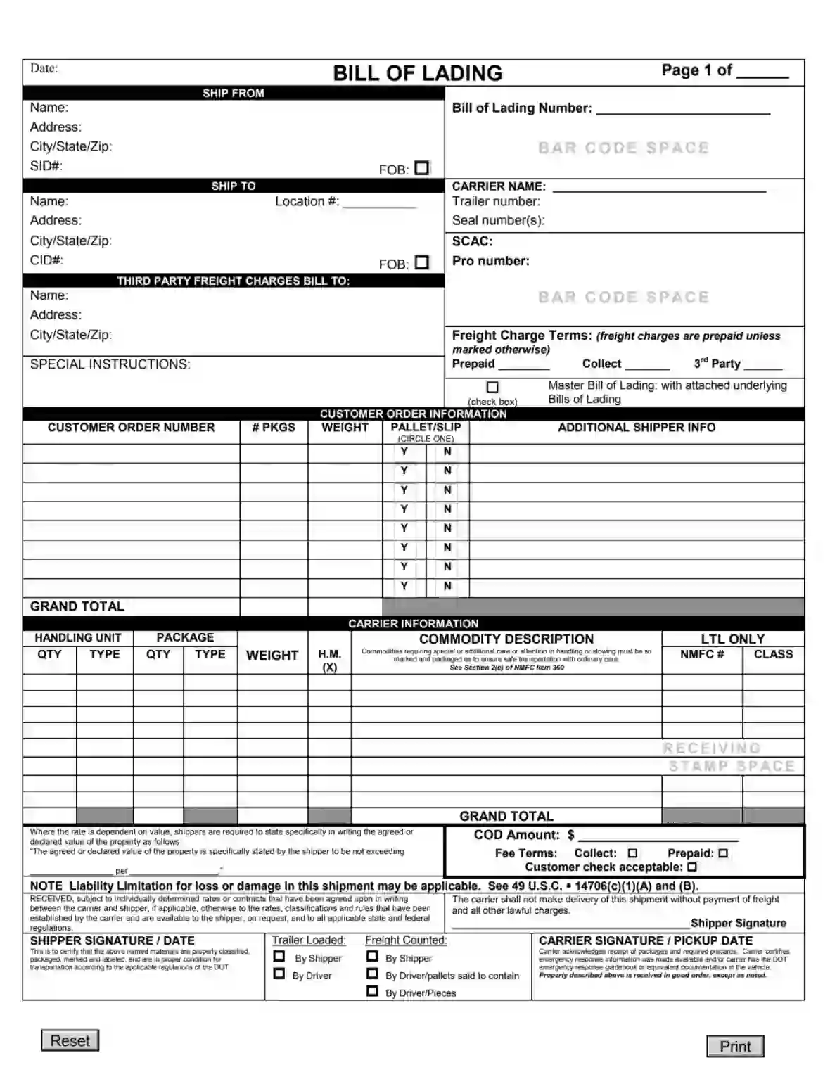 bill of lading form