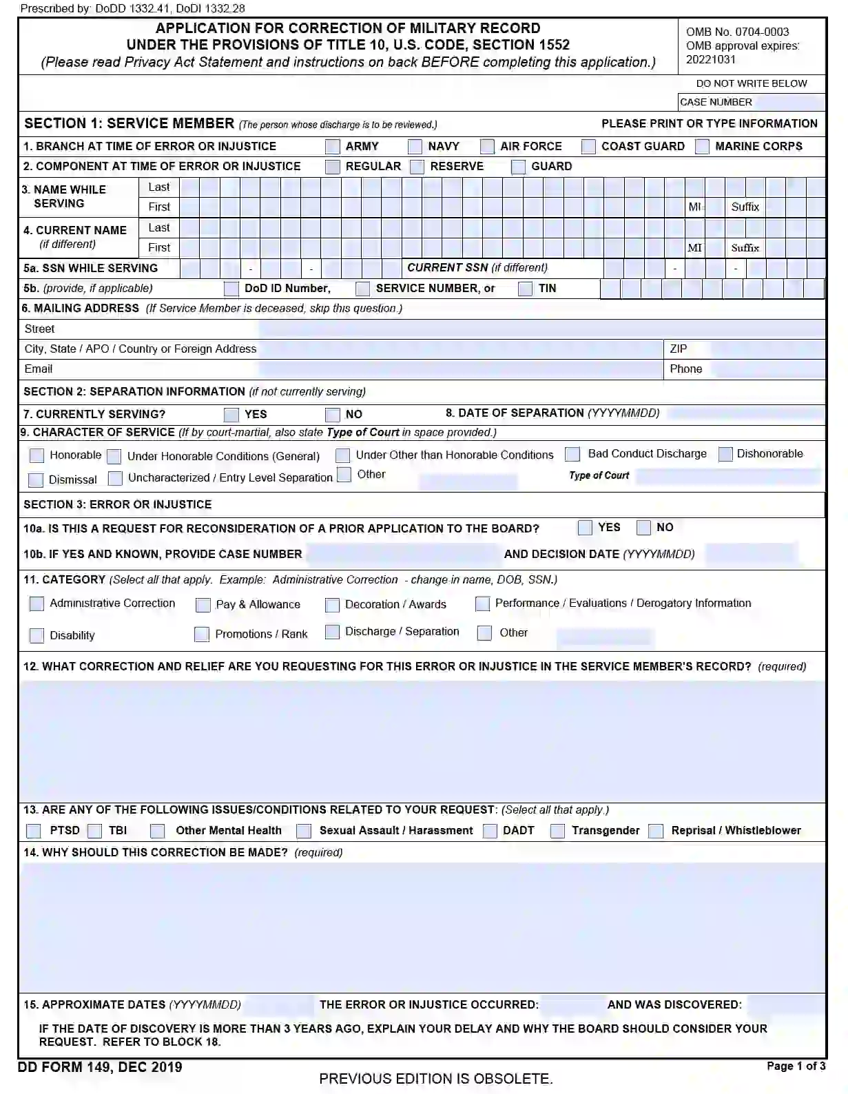 DD Form 149 Fill Out Printable PDF Forms Online