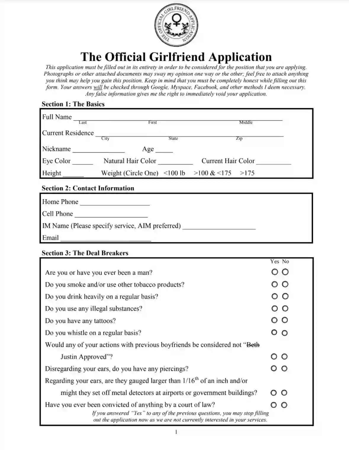 girlfriend application form