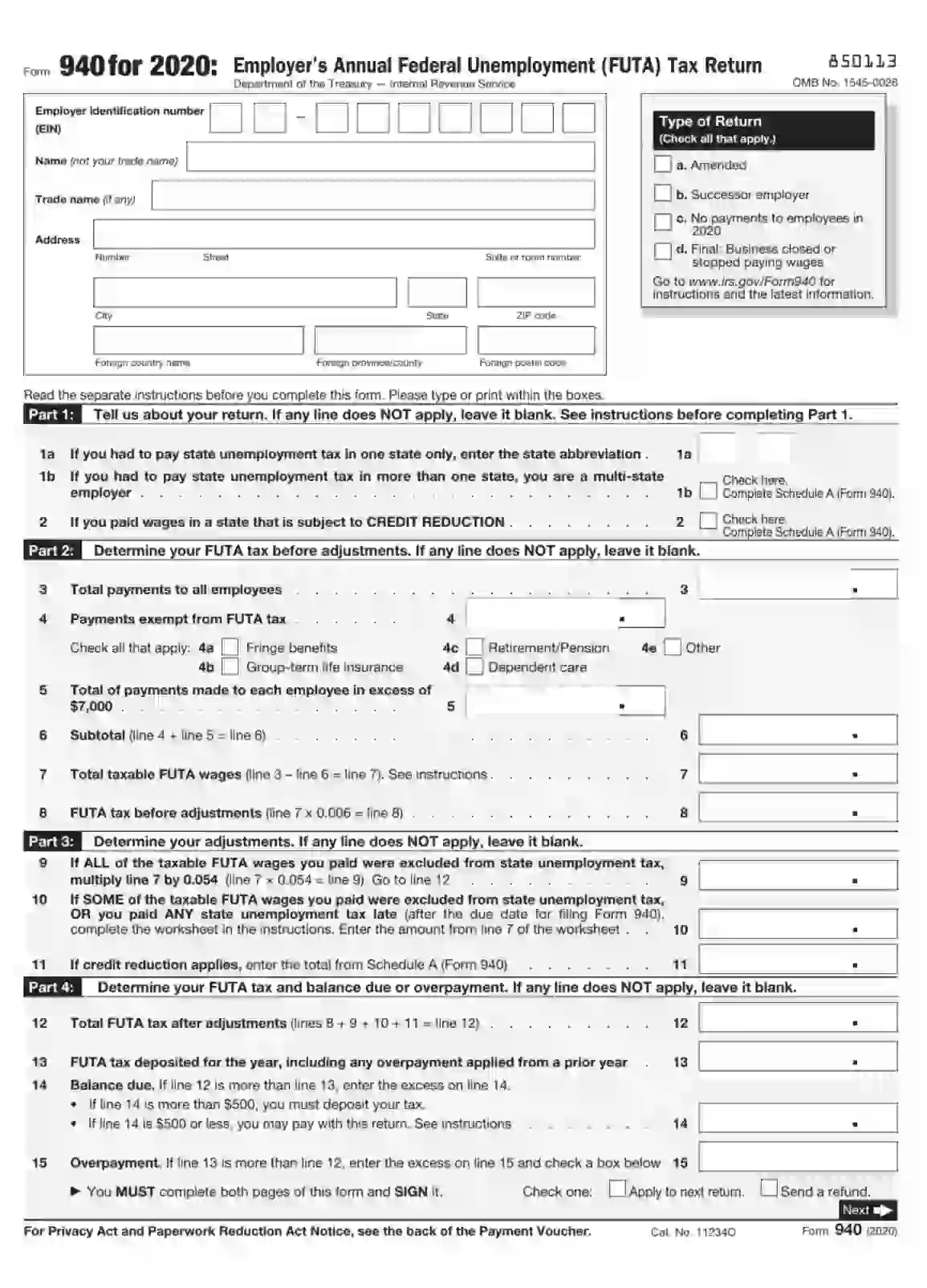 Irs Form 940 Fill Out Printable Pdf Forms Online