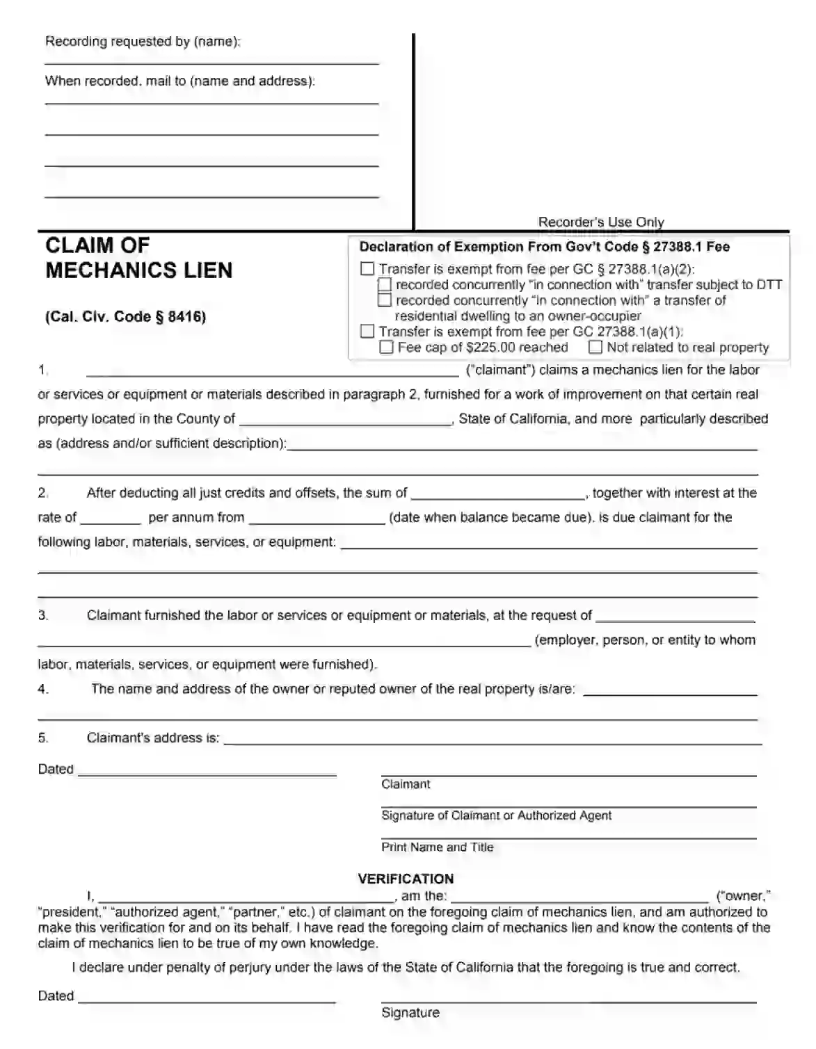 Mechanics Lien California Fill Out Printable PDF Forms Online