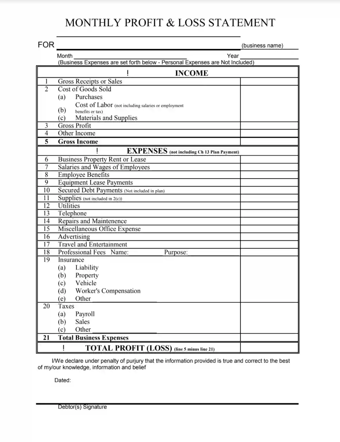 blank income statement format