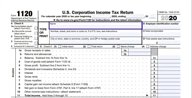 step 1 insert the company’s name filling out an irs form 1120