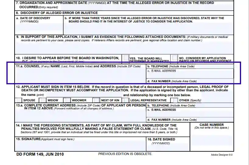 step 10 enter counsel’s information filling out a dd form 149