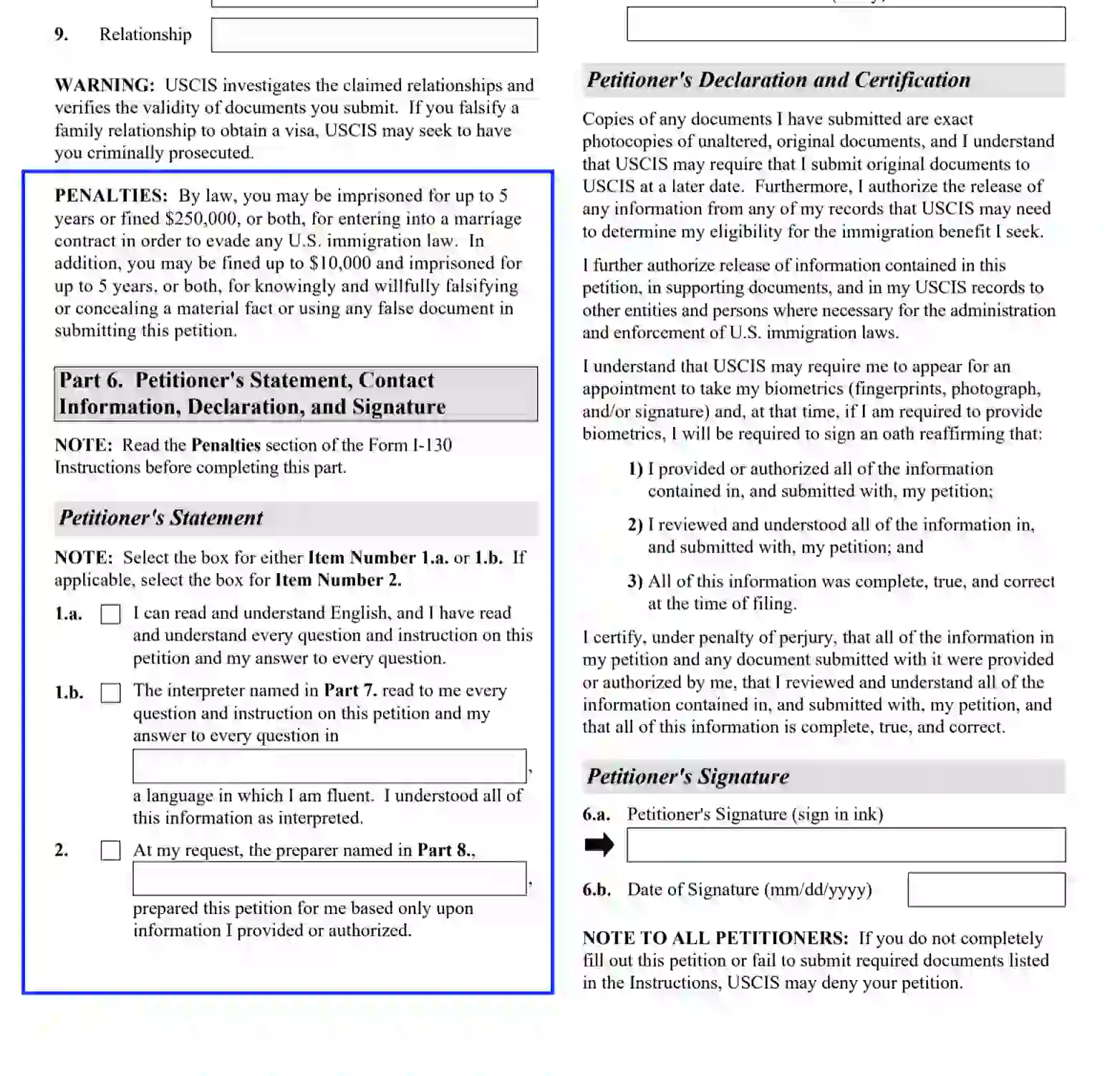 step 16.1 complete the petitioner’s statement part filling out a uscis form i 130