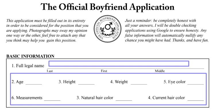 step 2 describe the basics about you - filling out a boyfriend application form