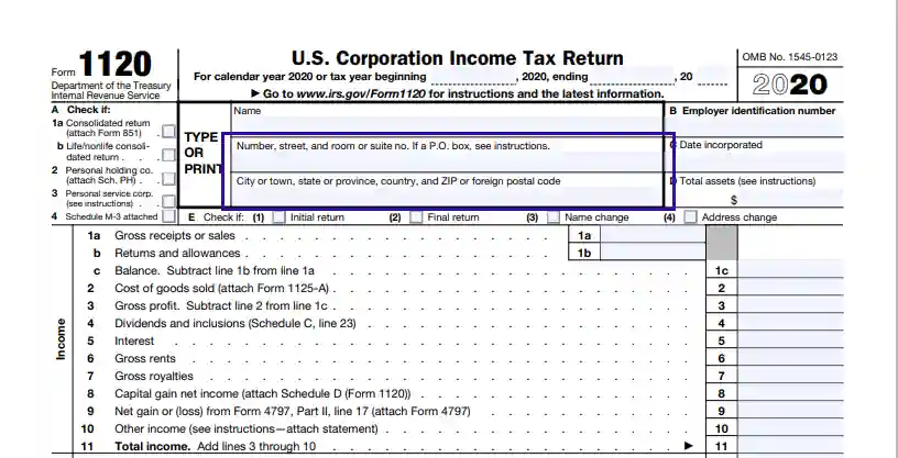 step 2 provide the company’s legal address filling out an irs form 1120
