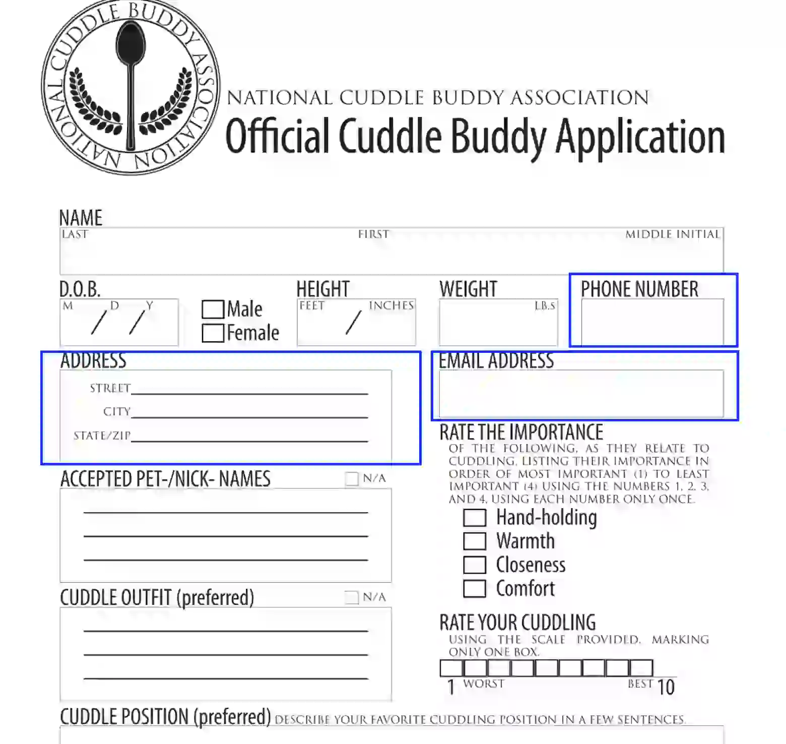 Cuddle Buddy Application Form Not Filled Out