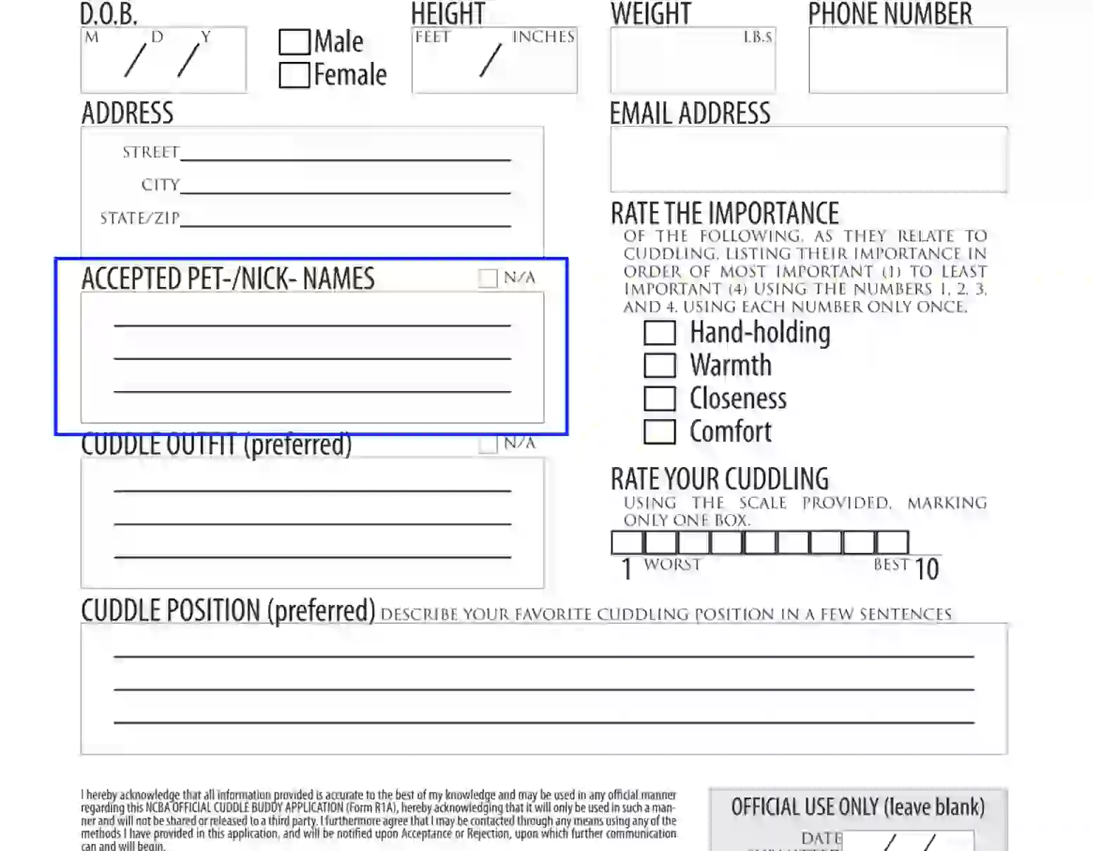 Cuddle Buddy Application Form Not Filled Out