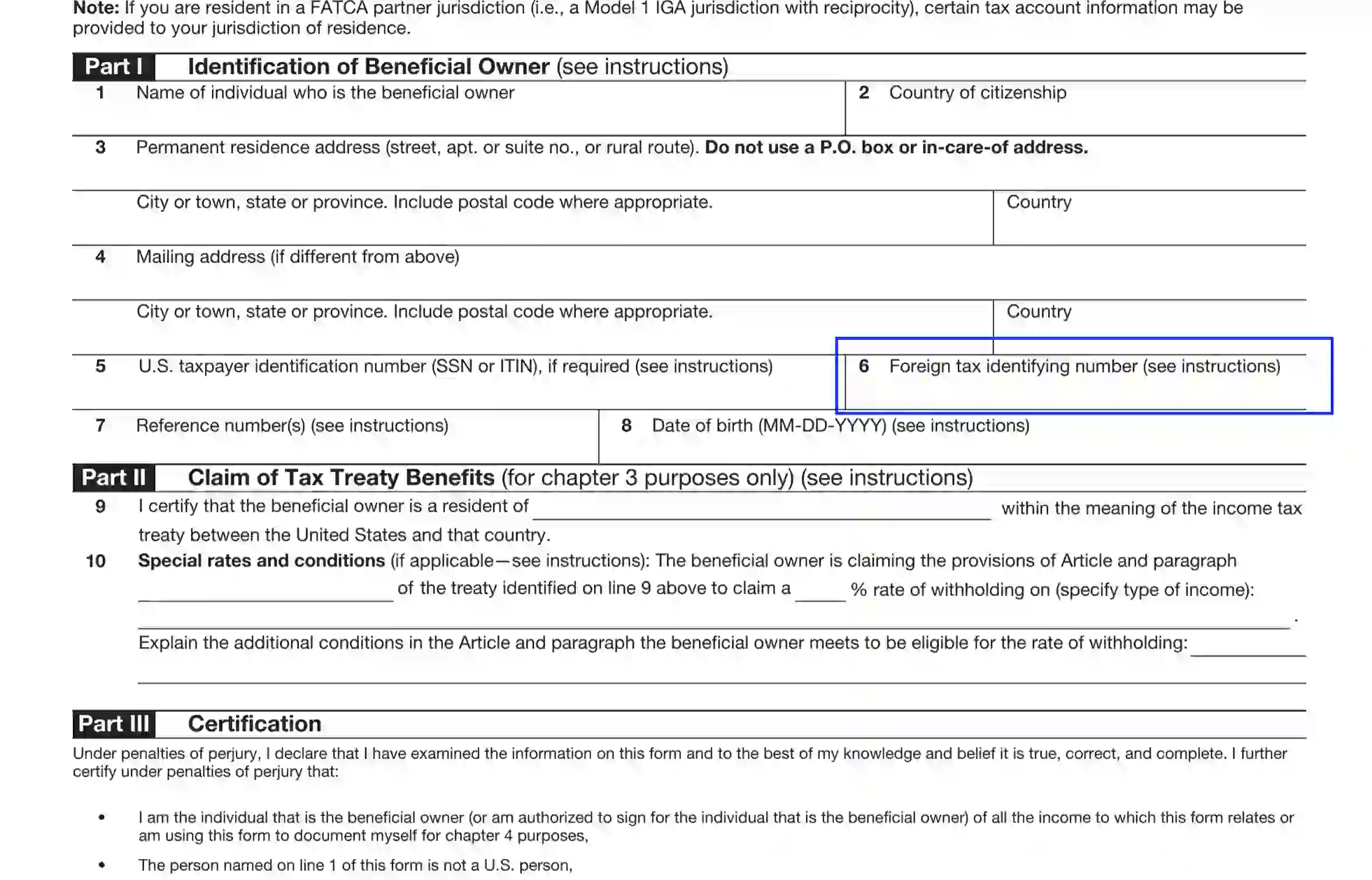 step 3 line 6 demands the petitioner’s foreign tax id data filling out an irs form w 8ben