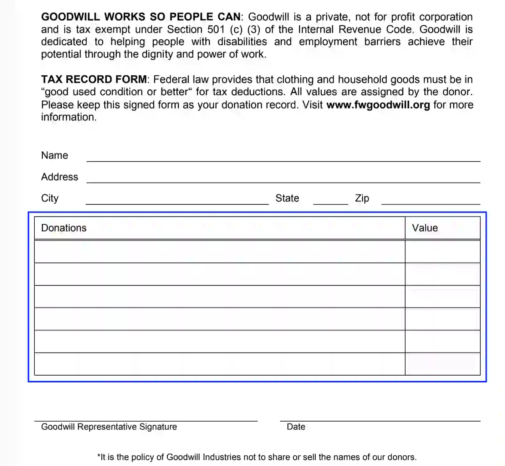 goodwill donation receipt fill out printable pdf forms online