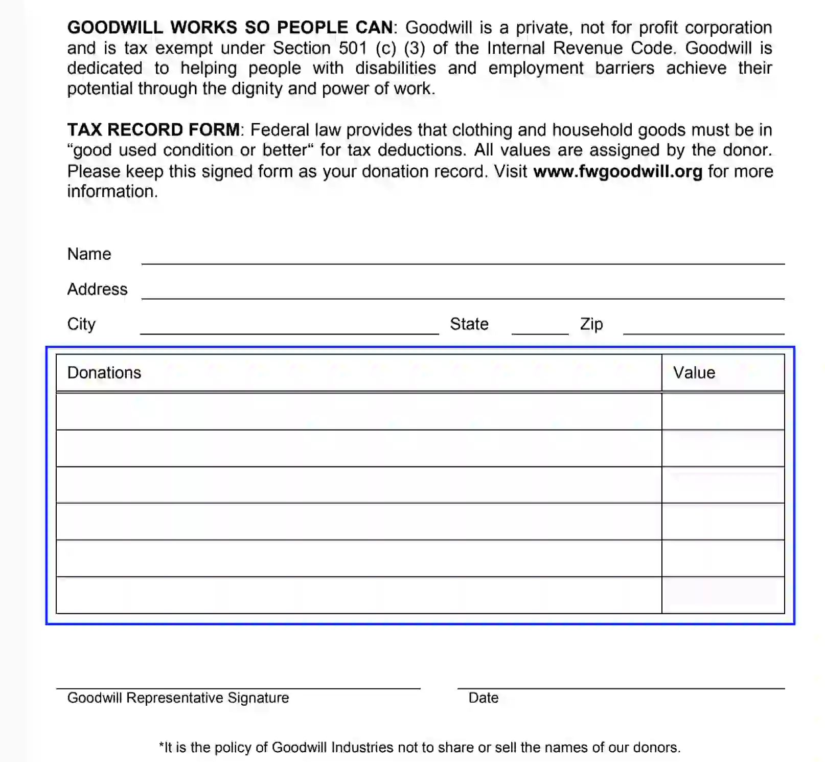 Free Goodwill Donation Receipt Template Pdf Eforms Free Goodwill 