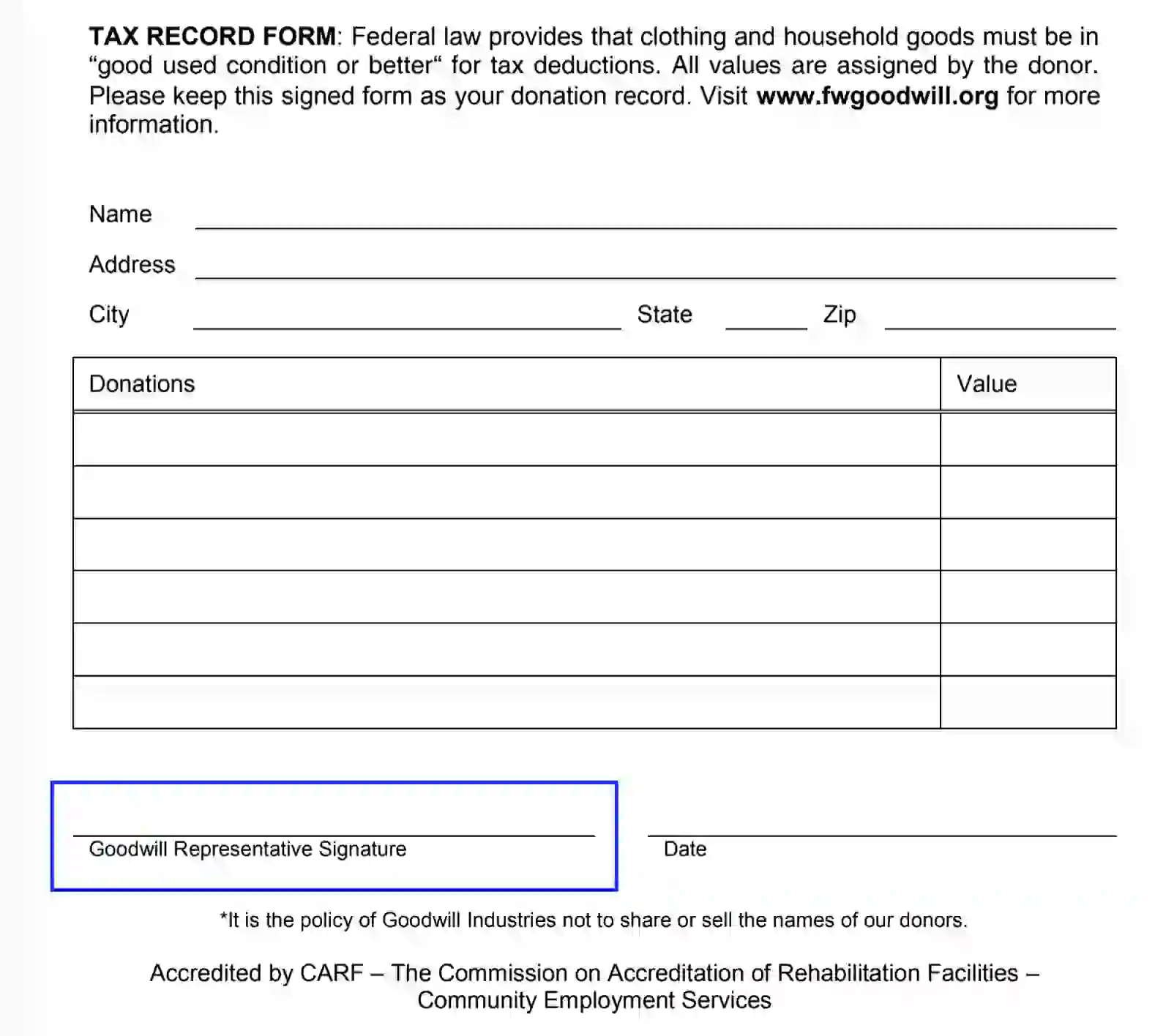 Free Goodwill Donation Receipt Template Pdf Eforms Free Goodwill 