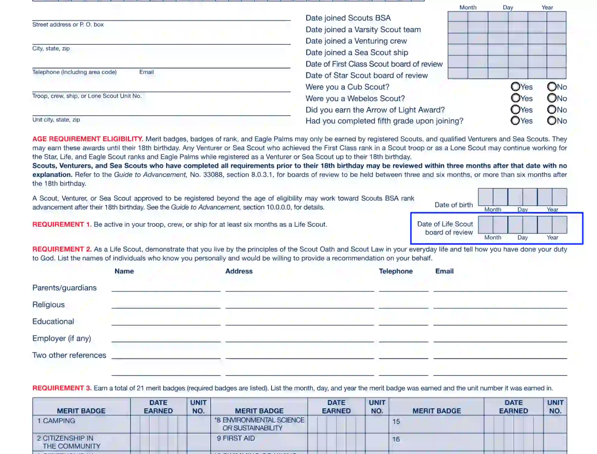 step 4 specify the “requirement 1” unit filling out an eagle scout rank application