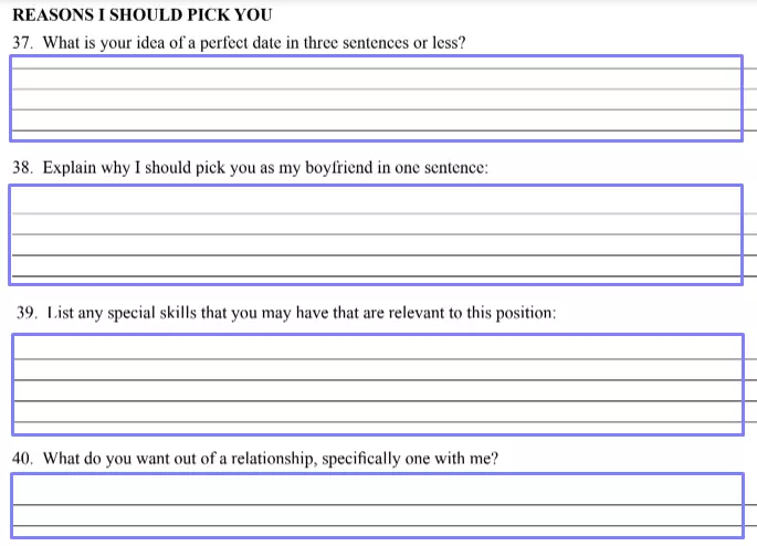 step 5 proceed to the next portion of questions - filling out a boyfriend application form