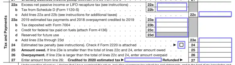 step 5 proceed to the “tax and payments” section filling out an irs form 1120 s