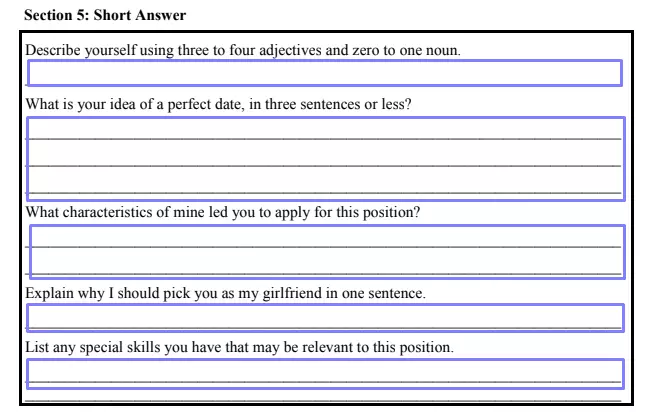 step 6 complete the “short answer” section filling out a girlfriend application form