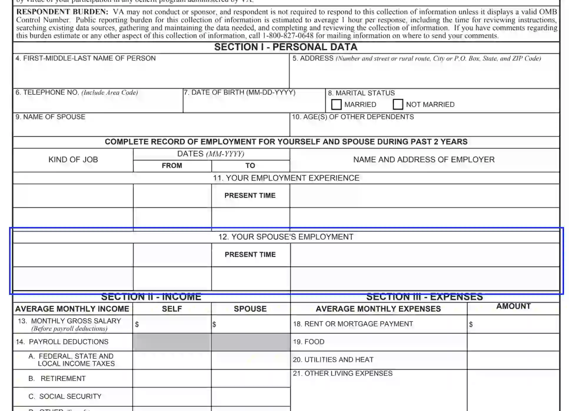 step 6 specify the spouse’s employment background filling out a va form 5655
