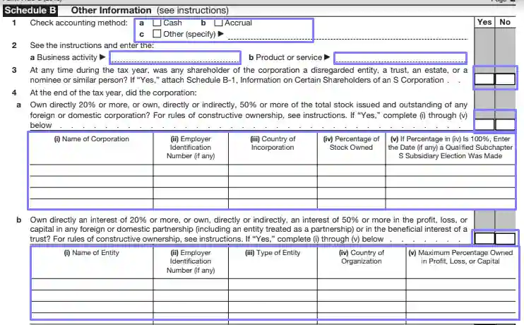 step 7.1 complete the form’s “schedule b” filling out an irs form 1120 s
