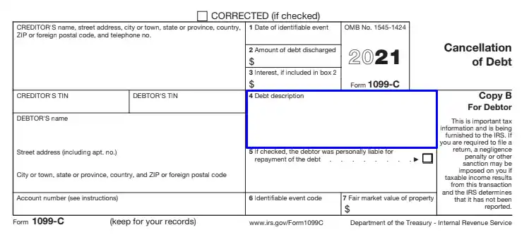 3-part carbonless 2012 IRS Tax Form 1099-C single sheet set for 3 debtors 
