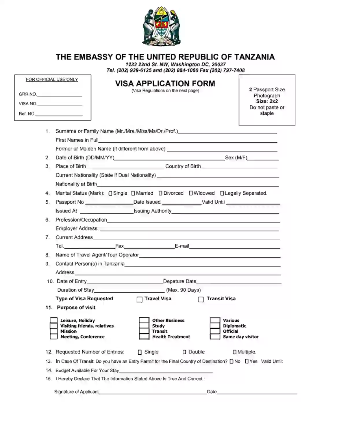 Tanzania Visa Application Fill Out Printable PDF Forms Online