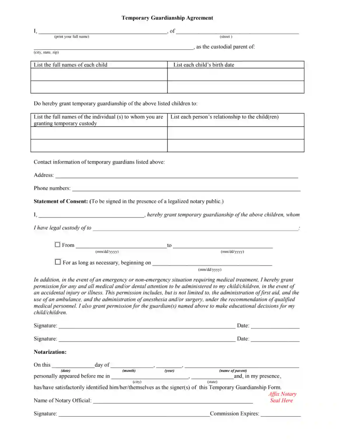 Temporary Custody Form ≡ Fill Out Printable PDF Forms Online Inside notarized custody agreement template