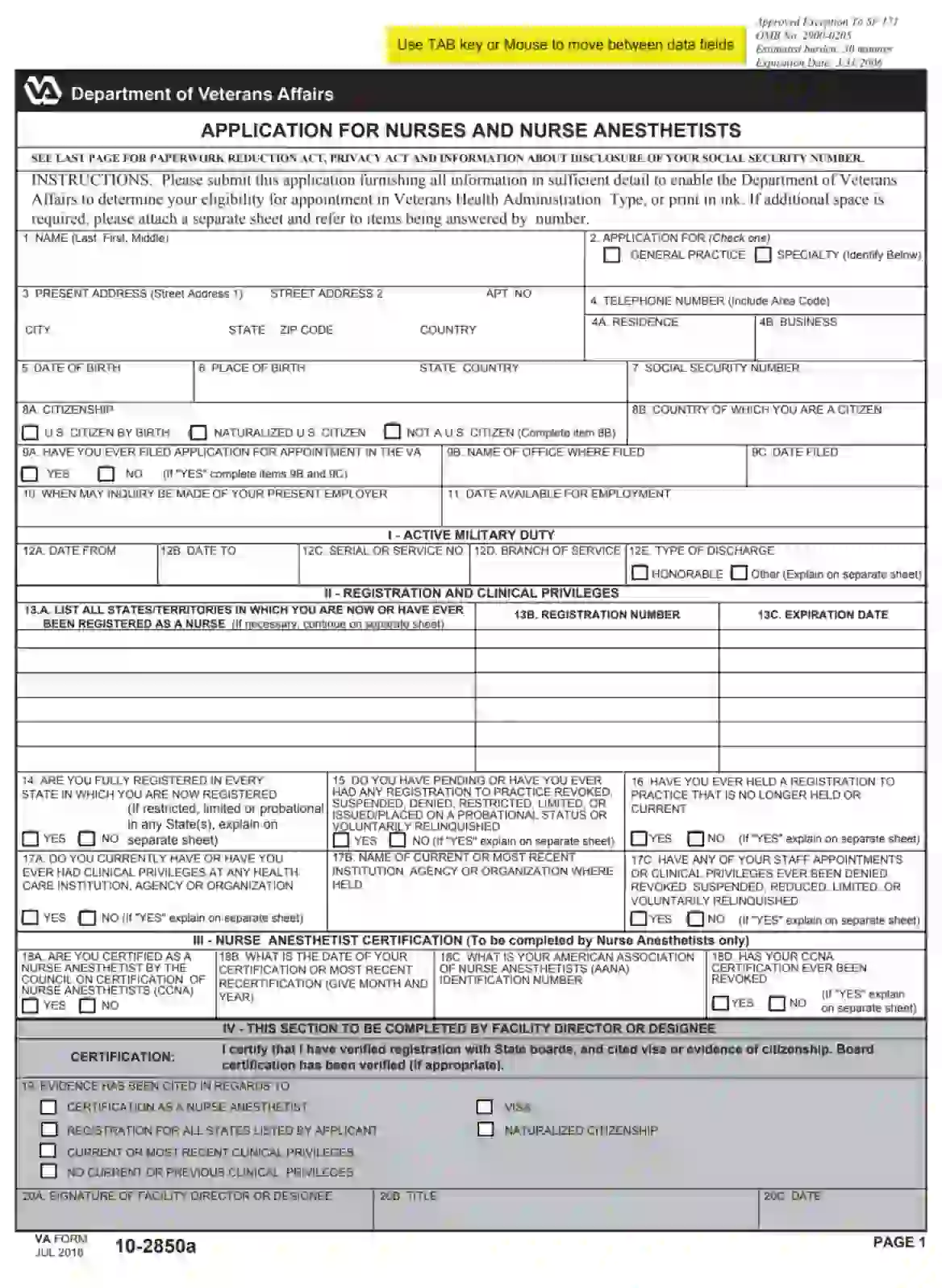 va form 10 2850a