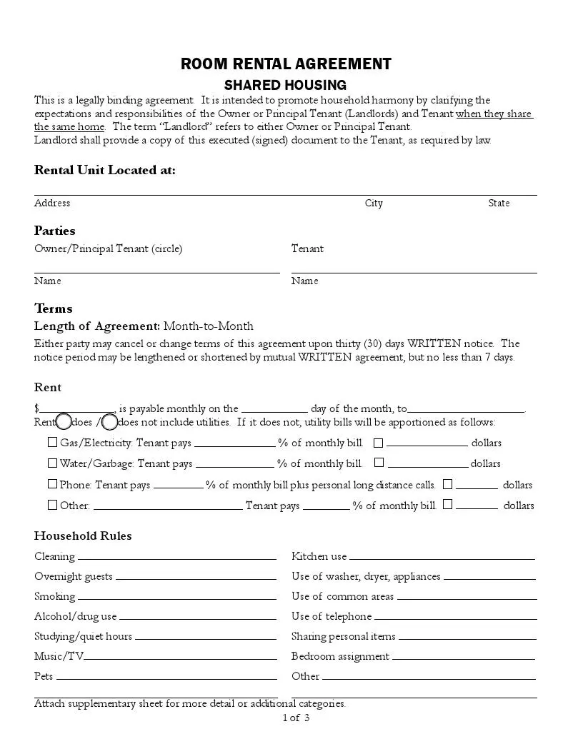 Free California Roommate Room Rental Agreement Form FormsPal