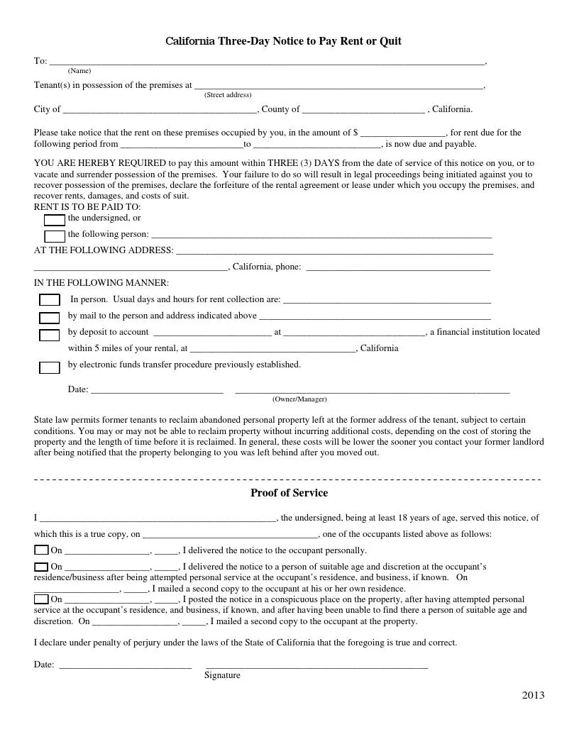 free california 3 day eviction notice form pay or quit formspal