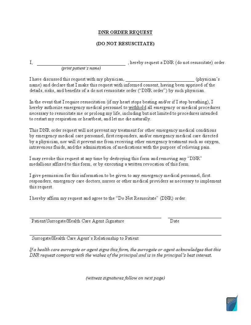 Free DNR Form Do Not Resuscitate Order PDF FormsPal