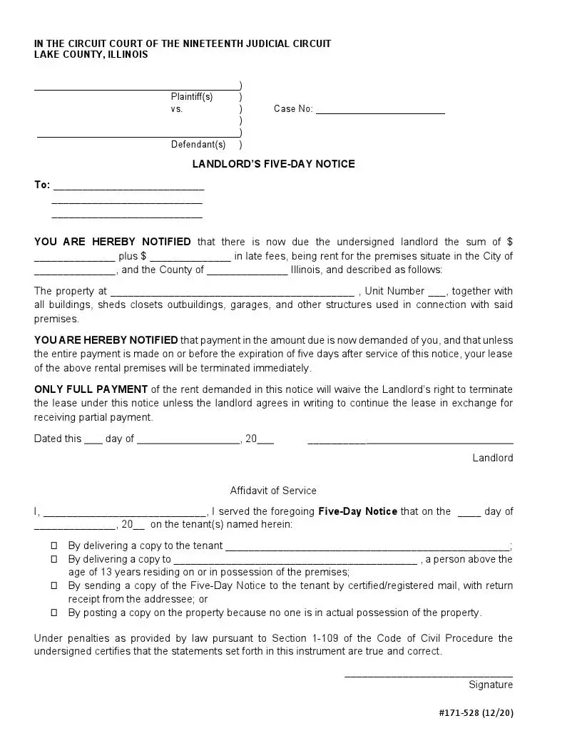 free illinois 5 day eviction notice form pay or vacate formspal