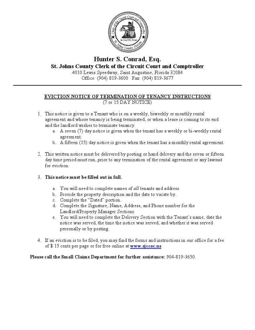 Free Florida Lease Termination Form FL 30 day Notice