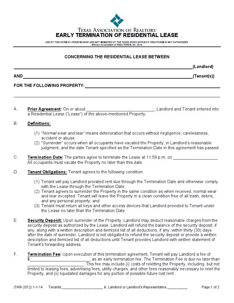 Free Texas Lease Termination Form Tx 30 Day Notice