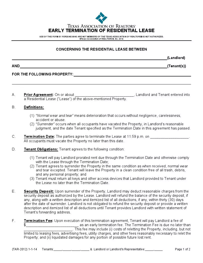 Free Texas Lease Termination Form TX 30 day Notice