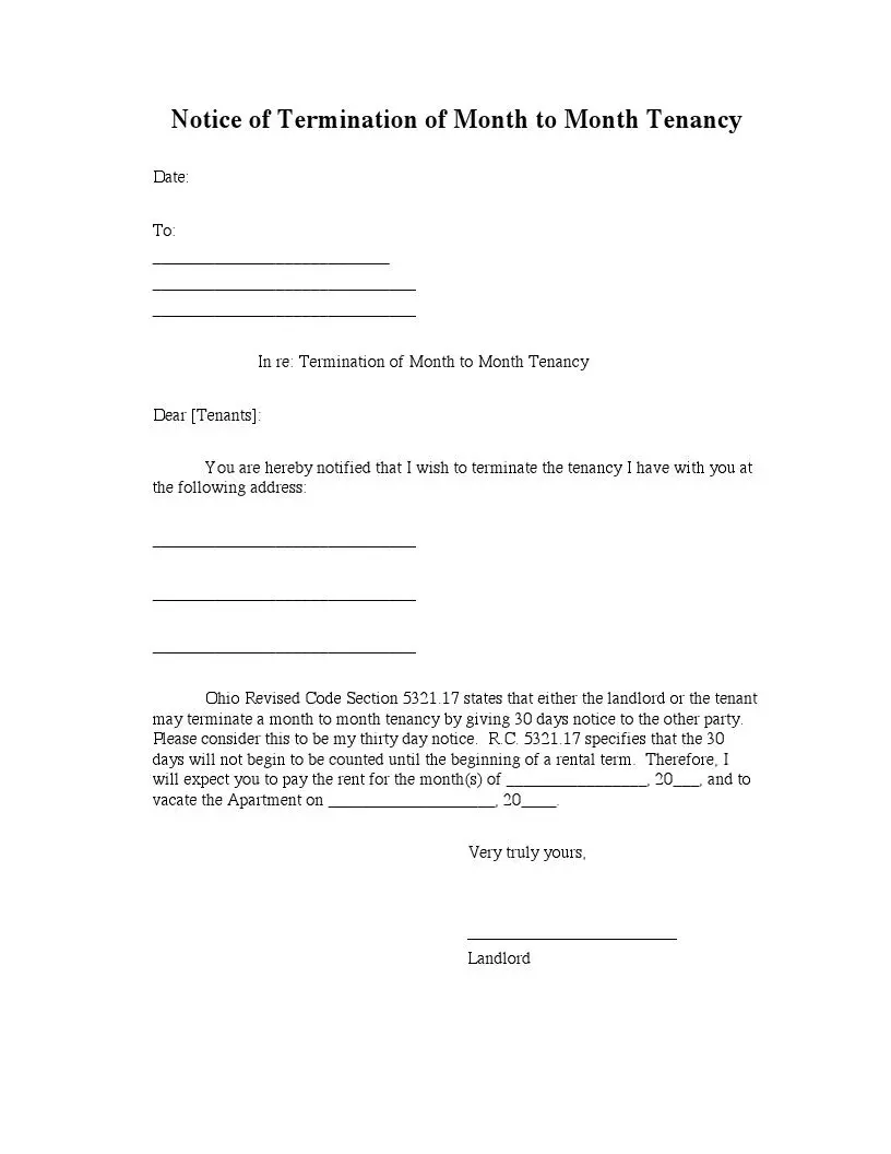 Lease Termination Letter in Ohio State