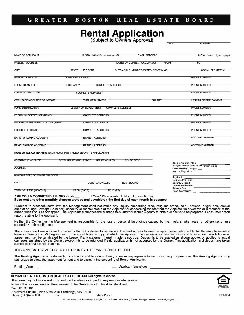 Massachusetts Rental Application