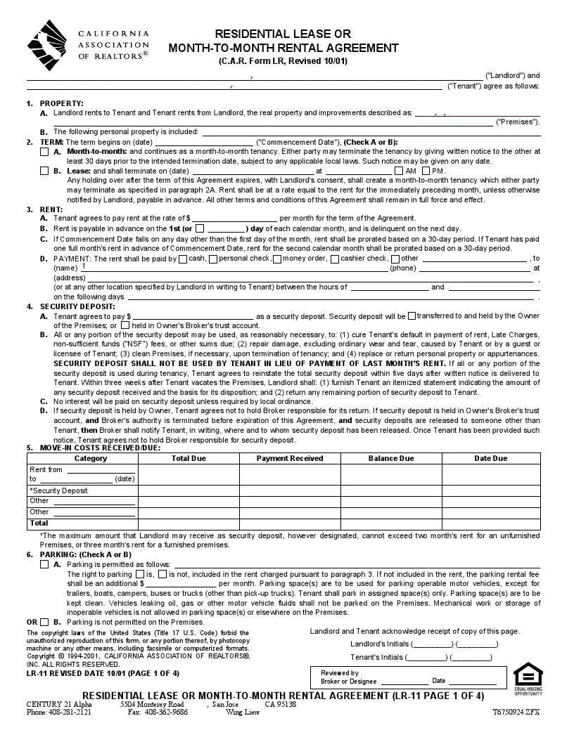 Monthly lease agreement California